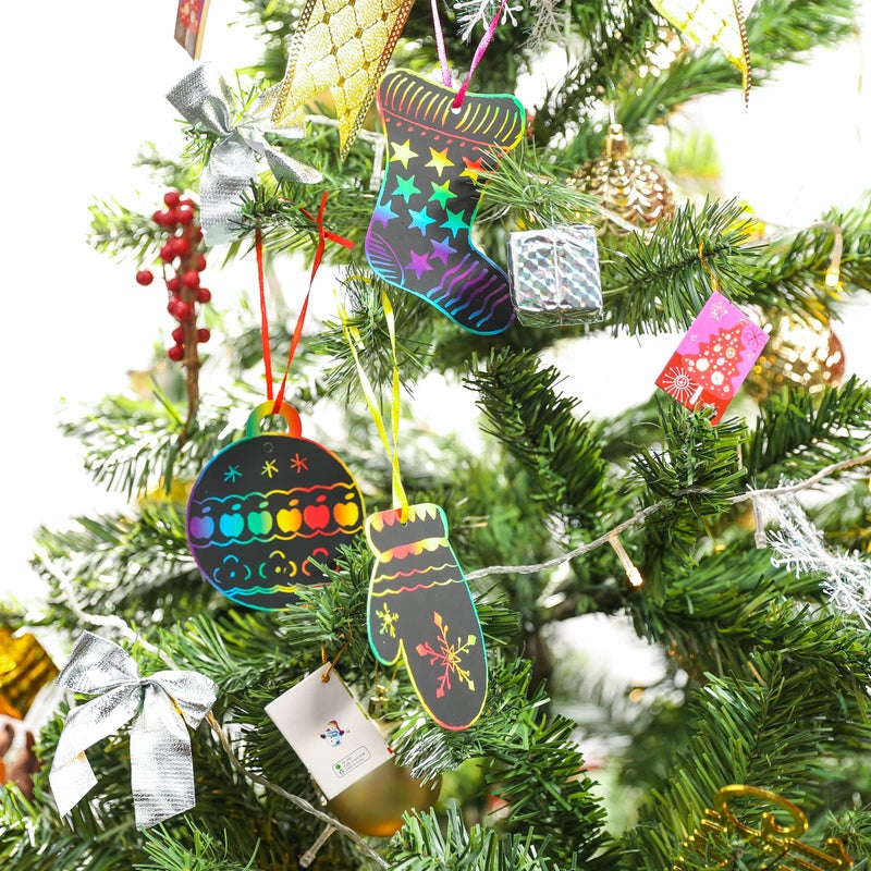 DAIKOYE Christmas Scratch Art Paper 60 Pcs Crafts Kits Magic Rainbow Scratch Cards for Xmas Tree Ornaments and Kids Birthday Decoration with 15 Pcs Drawing Sticks & 60 Pcs Cords - Image 5